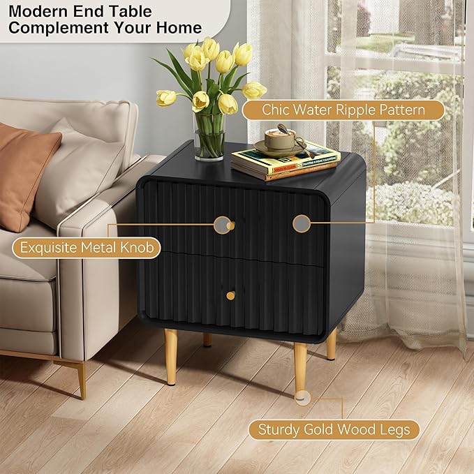 HLR Modern Nightstand, Fluted Bed Side Table with 2 Drawers Storage, Wood End Table with Gold Metal Handle, Black Night Stands for Bedroom
