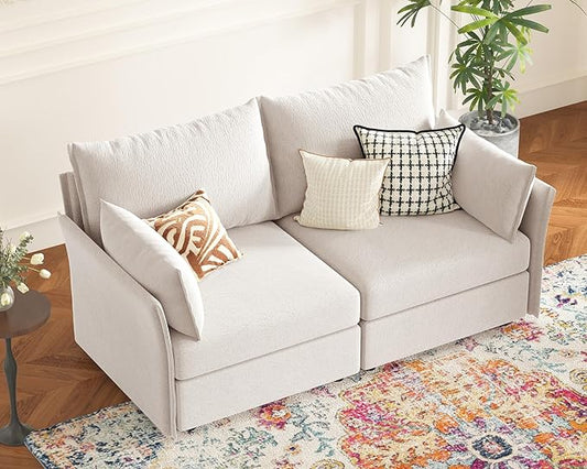 ABCASA Oversized Loveseat Sofa, Modern Modular Sectional Couch White Fluffy Chenille Mid Century 2-Seat 24.5" Deep Seat for Apartment, Living Room, Bedroom
