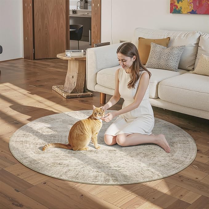 5x5 Beige Round Rug 5ft Living Room Circle Rug Vintage Round Area Rug Non Slip Indoor Carpet for Entryway Dining Room Bedroom