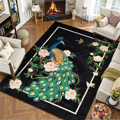 Lahome Peacock Washable Rugs 5x7, Soft Black Rug for Living Room Bedroom, Floral Vintage Non-Slip Low Pile Stain Resistance Carpet for Farmhouse Dining Room Office, Black