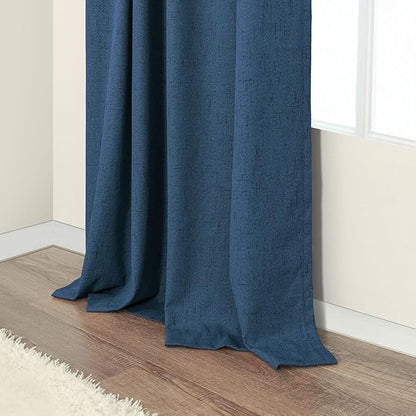 Navy Blue Linen Textured Curtains 90 Inches Long 2 Panels Set Modern Neutral Nursery Blackout Curtains for Kids Bedroom Black Out Thermal Drapes for Summer Heat Noise Reducing Back Tab 52x90 Length