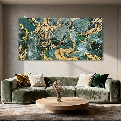 YETHEN WAL Emerald Green Canvas Wall Art, Gold Foil Marble Fluid Texture Art Prints, Large Modern Artwork for Living Room Bedroom Office 29x58 Inch