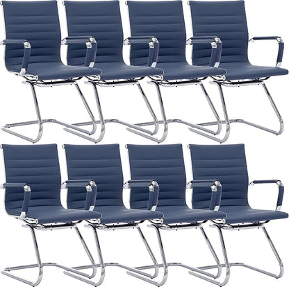 Wahson Office Guest Chairs Set of 8, Leather Reception Chairs, Mid Back Waiting Room Chair, Conference Chairs with Sled Base, Desk Chair No Wheels for Meeting/Lobby/Restroom, Navy Blue