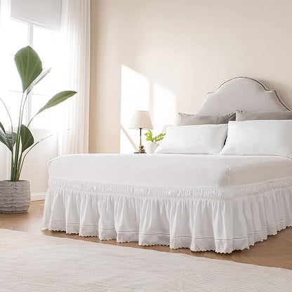 MIYE Wrap Around Ruffled Lace Bed Skirt, Elastic Dust Ruffle with Adjustable Belts,15 Inch Drop Easy to Put On, Bed Frame Cover, Machine Washable (Embroidered, Full/Twin-15)