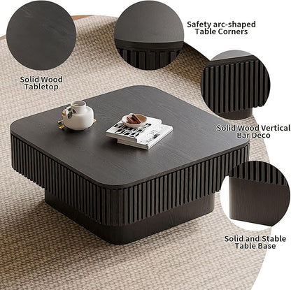 LKTART Coffee Table for Living Room, Accent Fluted Square Coffee Table with Hidden Storage, Modern Solid Wood Veneered Circle Center Tea Table for Small Space Apartment (31.5''D×14''H-Black)