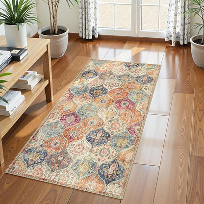 Lahome Moroccan Trellis Hallway Rug, 2x5 Washable Runner Rug Non Slip Kitchen Runners for Hallways, Ultra-Thin Vintage Carpet for Bedroom Bathroom Entryway, Cream/Multi