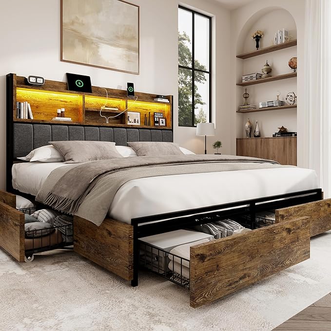 King Bed Frame with 6 Storage Drawers, Linen Upholstered Headboard, Built-in USB Charging Station & LED Lighting, Silent Metal Support, No Box Spring Needed, Vintage Brown