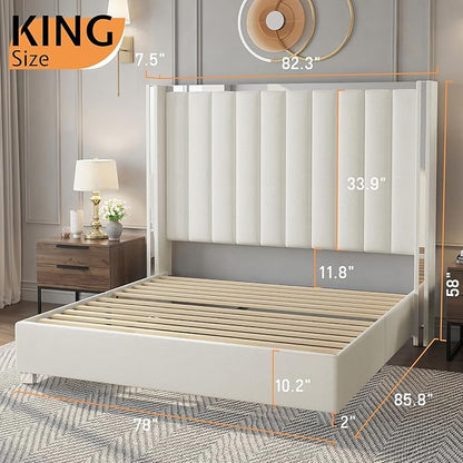Jocisland King Size Bed Frame with 58" Tall Headboard, Platform Velvet Upholstered Bed with Channel Tufted Wingback Headboard and Plating Trim, No Box Spring Needed, Cream