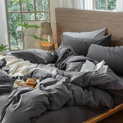 MooMee Wavy Striped Duvet Cover Set 100% Washed Cotton Linen Like Textured Breathable Durable Soft Comfy (Charocal Grey, Cal King 104"x98")