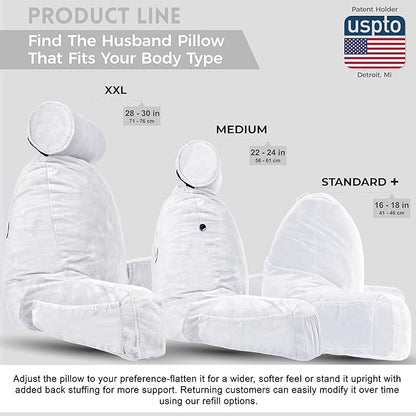 Husband Pillow XXL – Reading Pillow Bed Chair with Arms & Back Support – White - Back Pillow for Beds Sitting Up – Bed Rest Arm Pillow – Comfy Reading Pillow for Adults