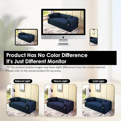 80" Convertible Sofa Bed, Corduroy Deep Seat Folding Pull Out Couch with Pillows, No Assembly Modern Boneless Couch Compression Sofa in Box, Floor Sofa with Storage Pocket for Living Room,Navy Blue