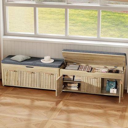 Shoe Bench with Storage - Lift Top Entryway Bench with Hidden Storage, Shoe Rack with Adjustable Shelves and Cushioned Seat, Wooden End of Bed Bench for Bedroom, Living Room and Hallway,Nature