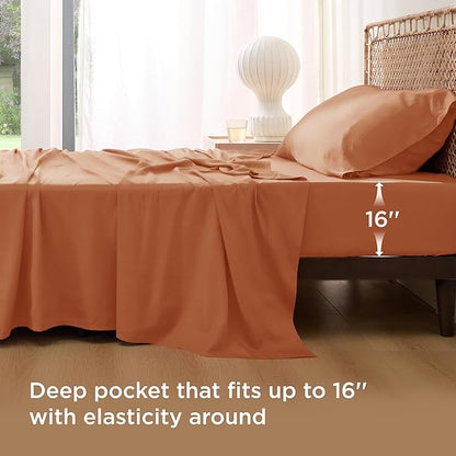 Bedsure Cooling Sheets Twin XL, Rayon Derived from Bamboo, Breathable & Soft Twin XL Sheet Sets, Deep Pocket Up to 16 Inches, Hotel Luxury Silky Dorm Bedding for Hot Sleepers, Burnt Orange