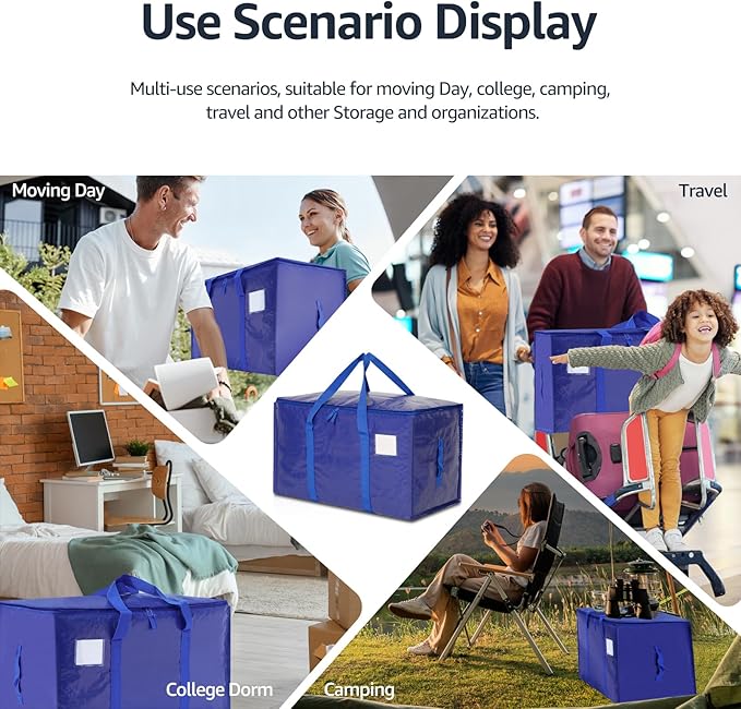 Moving Bags Heavy Duty Extra Large, Moving Boxes, Moving Supplies Essentials, Blue Storage Bins with Lids, Plastic Packing Totes, Storage Bags for Clothes with Handles & Zippers(Blue, 6 Pack)