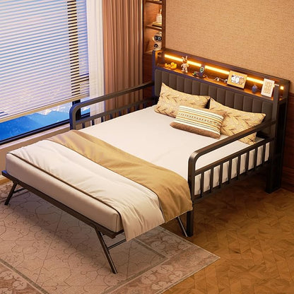 Daybed with Trundle and LED Light, Heavy Duty Metal Full Bed Frame with Upholstered Storage Headboard & Charging Station, Day Bed Pop Up Trundle Bed for Living Room,Bedroom and Guest Room, Brown