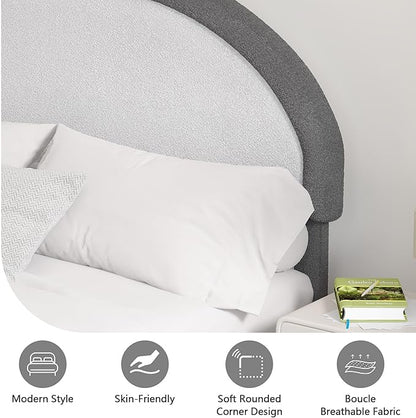 Queen Bed Frame, Boucle Upholstered Platform Bed Frame with Headboard, Grey Bed Frame, Soft Rounded Corners, No Box Spring Required, Easy Assembly
