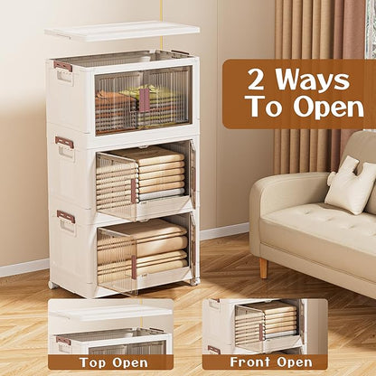 45GAL/180QT 3 tier large stackable storage bins with lid and wheels, collapsible storage bins plastic with doors，suit for clothes, closet, home and office