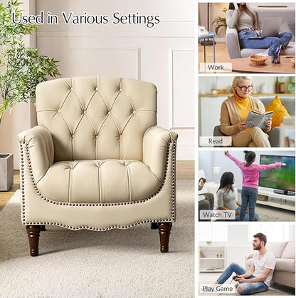 HULALA HOME Mid Century Modern Leather Club Chairs, Top-Grain Genuine Leather Armchairs with Button-Tufted Back & Solid Wood Legs, Accent Chairs for Living Room/Bedroom/Home Office, Beige