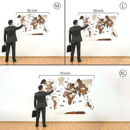 Handmade 3D Wood World Map Wall Art Large Wall Decor Track Your World Travels - Special for Home, Kitchen and Office (Large, Multicolor)