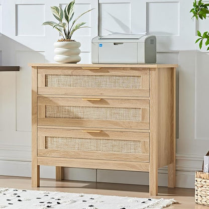 LEYAOYAO 31.5" Wide Rattan Nightstand, Large Boho 3 Drawer Night Stand, Natural Wood Bedside Table with Storage, Tall Bed Side End Tables, Chest of Drawers Dressers for Bedroom, Living Room, Hallway