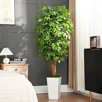 6ft Ficus Artificial Tree with 3 Natural Curved Trunks, 74" Tall Lush Faux Tree for Home Decor Indoor, Green Lifelike Fake Ficus Tree with White Planter Pot
