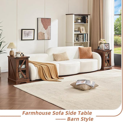 Farmhouse End Table Set 3, Narrow 18'' Night Stand with Glass Barn Door, 24" Square Side Table with Charger Station, Living Room Furniture Sets, Wood Nightstand Bedside Tables for Bedroom