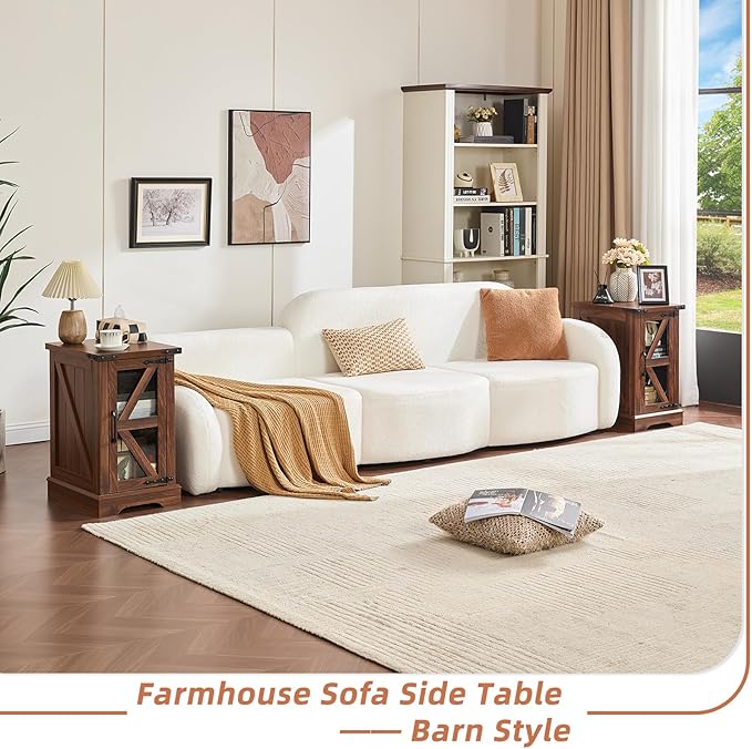 Farmhouse End Table Set 2, Narrow 18'' Night Stand with Glass Barn Door, 24" Square Side Table with Charger Station, Living Room Furniture Sets, Wood Nightstand Bedside Tables for Bedroom