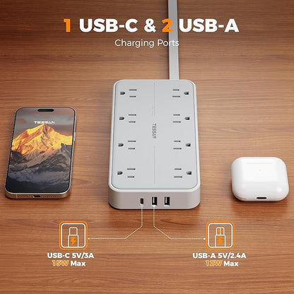 TESSAN Flat Plug Extension Cord 6 FT, Surge Protector Power Strip with 8 AC Outlets 3 USB (1 USB C), 1080 Joules, 1875W 15A, Multiple Wall Outlet Extender Station for Home Office School Dorm