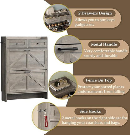 Shoe Storage Cabinet for Entryway, Farmhouse Narrow Shoe Cabinet with 2 Flip Drawers & Top Drawers, Adjustable Shelves & Hooks, Freestanding Hidden Rack Organizer for Hallway, Foyer