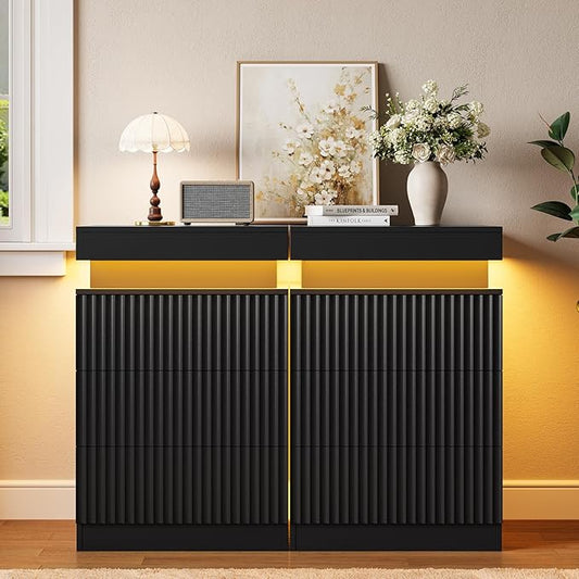Nightstands Set of 2 with Charging Station & LED Lights, Modern Small Fluted Bedside & End Tables with 3 Drawers, Sliding Top & Hidden Storage, Wooden Farmhouse Night Stand for Bedroom Office, Black