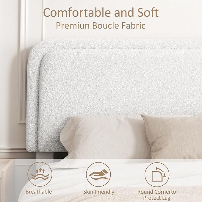 King Size Boucle Bed Frame, Upholstered Cloud Platform Bed Frame with Headboard, Anti-Collision Soft Rounded Corners, No Box Spring Required, Easy Assembly, Noise Free, Adjustable Headboard