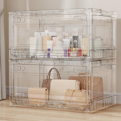BROVIEW 160Qt Stackable Storage Bins with Lids Wheels, XL Clear Plastic Drawers Foldable Closet Organizers and Storage Cabinet Display Box Shelves with Front & Back Doors, for Home Office Garage,2Pack