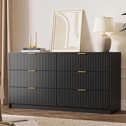 3-Piece Dresser Bedroom Set, 6 Drawer Dresser & 2 Drawer Nightstands with Gold Handles, Fluted Wood Chest of Drawers for Bedroom, Living Room, Entryway, Black