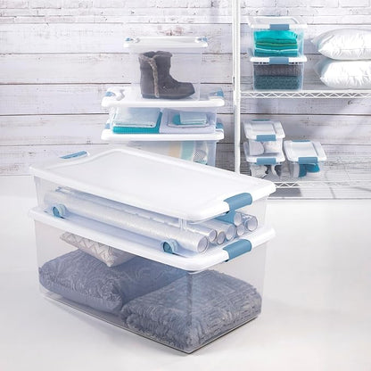 Sterilite 18-Pack Latching Box, Under Bed Storage Bins with Lids, Clear Plastic, 32 Quart - Heavy-Duty Organizing Containers for Closet, Bathroom, and Office