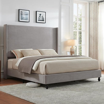 King Bed Frame with 65" Tall Headboard, Horizontal Fine Corduroy Bed Frame with Wingback, Upholstered Platform Bed, Vintage Solid Wood Gourd Legs, No Box Spring Needed, Gray