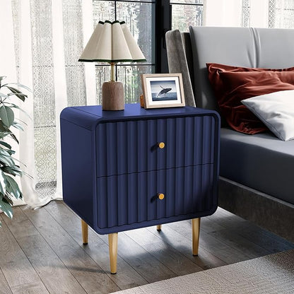 HLR Modern Nightstand, Fluted Bed Side Table with 2 Drawers Storage, Wood End Table with Gold Metal Handle, Blue Night Stands for Bedroom