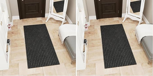 Ottomanson Ribbed Design Non-Slip Rubberback 2x5 Indoor/Outdoor Runner Rug for Hallway, Kitchen, Living Room, Garage, Patio, 2' x 5', Black (Pack of 2)