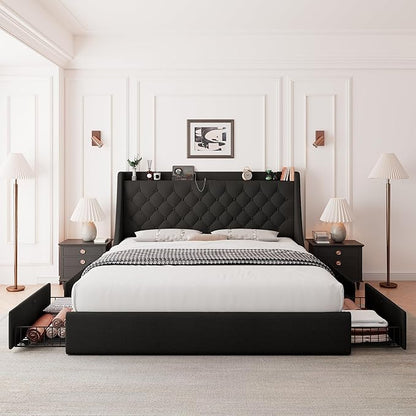 Feonase Upholstered Full Size Bed Frame with 4 Storage Drawers, Large Wingback Storage Headboard, No Box Spring Needed, Black