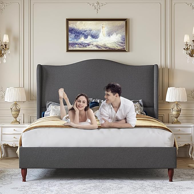 koorlian Queen Upholstered Bed, Soft Chenille Sleigh Platform Bed Frame with Wingback Tall Headboard, Retro Minimalist/No Box Spring Required/Easy Assembly, Grey