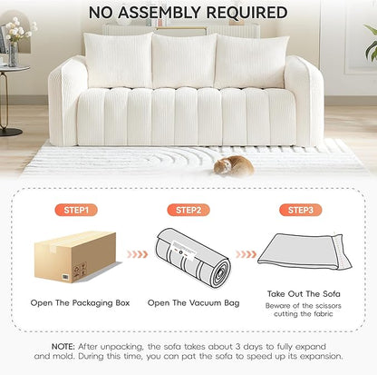83'' Boneless Corduroy Sofa, Oversized 3 Seater Deep Seat Couch with Rounded Armrest, Modern Upholstered Cloud Sofa for Living Room, No Assembly, White