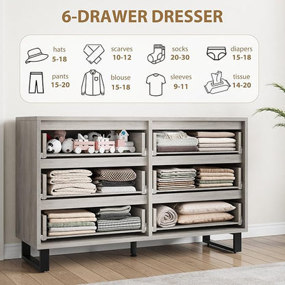 GarveeHome 6 Dresser for Bedroom, 47.2 in Wide Dresser, Freestanding Vertical Drawer Cabinet with Storage, Wooden Closet Storage Chest for Living Room, Hallway, Entryway, Ash Grey
