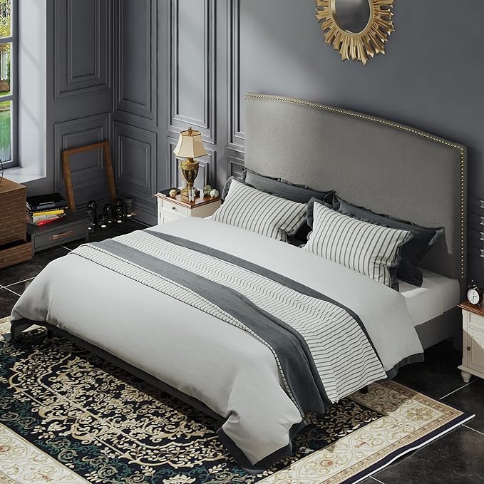 King Size Bed Frame and Headboard, 56" Upholstered Platform Bed with Nailhead Trim, Soft Boucle Fabric, No Box Spring Needed, Easy Assembly, Grey