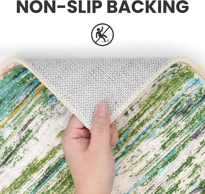 3x5 Modern Abstract Area Rug for Entryway, Green Grey Multi Super Soft Washable Rug with Non-Slip, Low-Pile Door Mat Indoor for Living Room Bedroom, Carpet with Non-Shedding