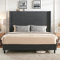Queen Bed Frame with 63" Tall Headboard, Horizontal Fine Corduroy Bed Frame with Wingback, Upholstered Platform Bed, Vintage Solid Wood Gourd Legs, No Box Spring Needed, Black