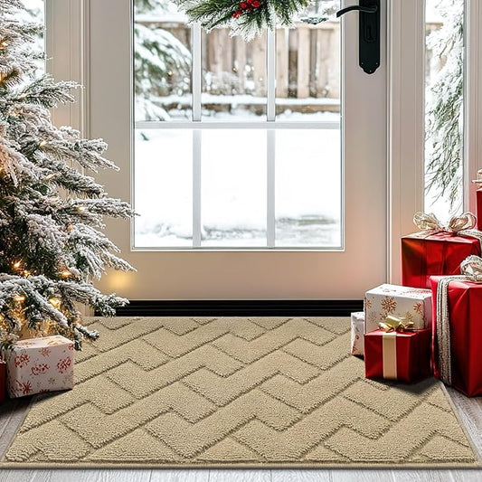 hicorfe Front Door Mat Outside Entrance,20"x31.5" Absorbent Muddy Dirt Resist Welcome Door Mats Outdoor Indoor,Stain and Fade Resistant,Non Slip Backing Entry Mat Doormat for Entryway(Beige)