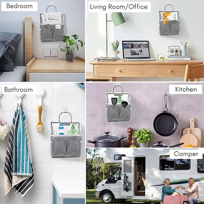 Kanrichu 3pcs Small Wall Hanging Organizer Bag, Linen Fabric Door Hanging Storage Basket with Pockets, Waterproof Bin for Kitchen, Bedroom, Office, RV Camper (Gray)