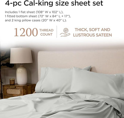 Threadmill Supima Cotton Sheets, 1200 Thread Count Soft 100% Cotton Sheets for Cal King Size Bed, 4 Pc Light Grey Cal King Bed Sheet Set, 5-Star Hotel Quality with Elasticized Deep Pocket King Sheet