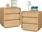 Modern Nightstand Set of 2, 23.2" Large Wood Night Stand with Charging Station & Curved Profile, 3 Storage Drawers Dresser Bedside Table, Mid-Century End Table for Bedroom Sofa, Natural