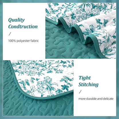 WONGS BEDDING Quilt King Size, Teal Quilt Bedding Set with 2 Pillowcases, Botanical Quilt for King Bed, Soft Microfiber Lightweight Coverlet Bedspread for All Season (110"×90", 3 Pieces)
