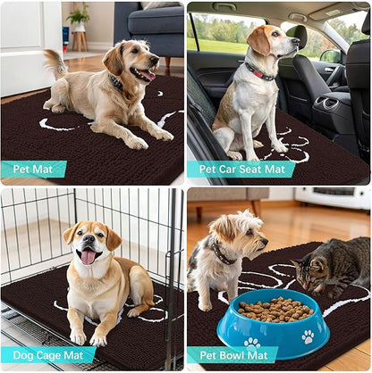 OLANLY Dog Door Mat for Muddy Paws 59x24, Paw Print Design, Absorbs Moisture and Dirt, Absorbent Non-Slip Washable Doormat, Quick Dry Chenille Mud Mat for Dogs, Entry Indoor Entryway Carpet, Brown